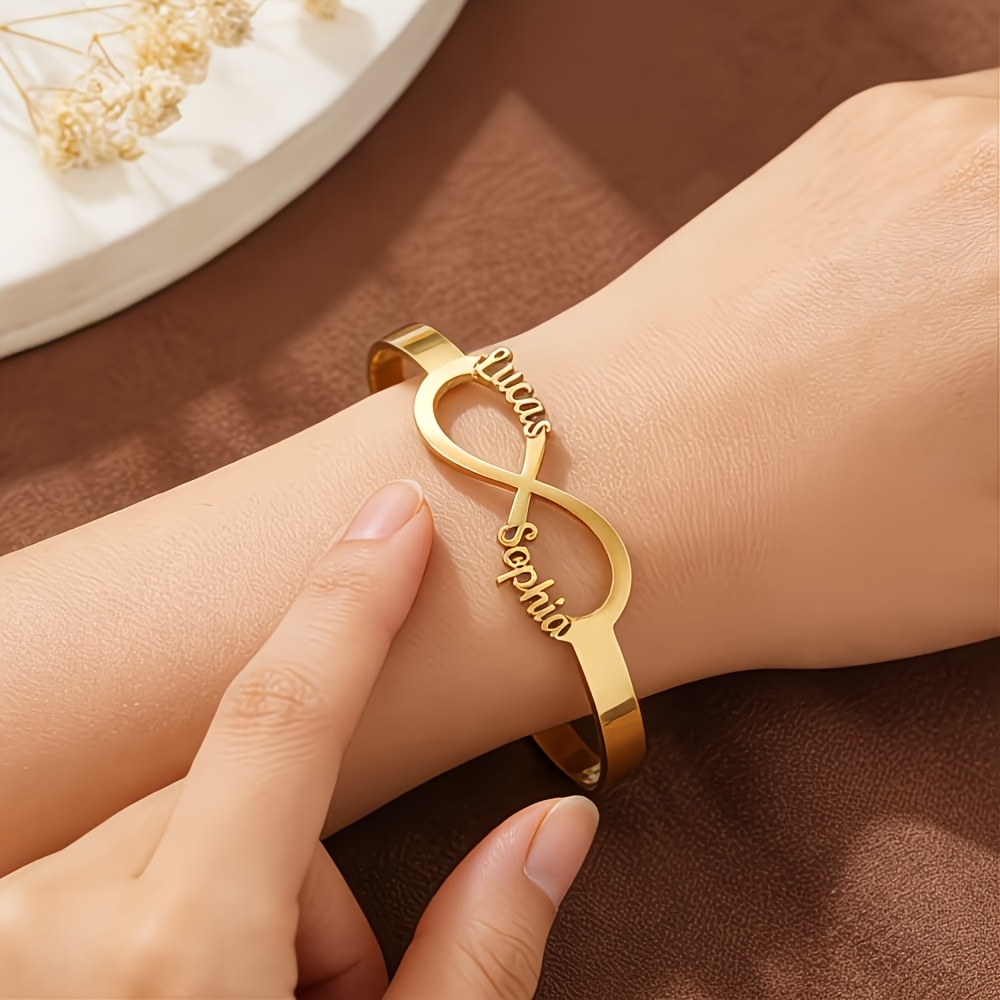 Women's Custom Infinity Loop Name Open Bangle, Engravable Gift
